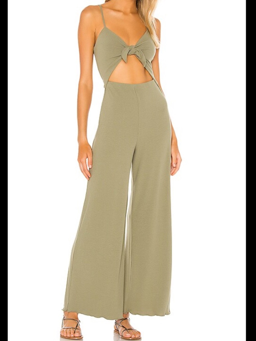 Privacy Please Gilmore jumpsuit ribbed knot front cutout sage green size XS